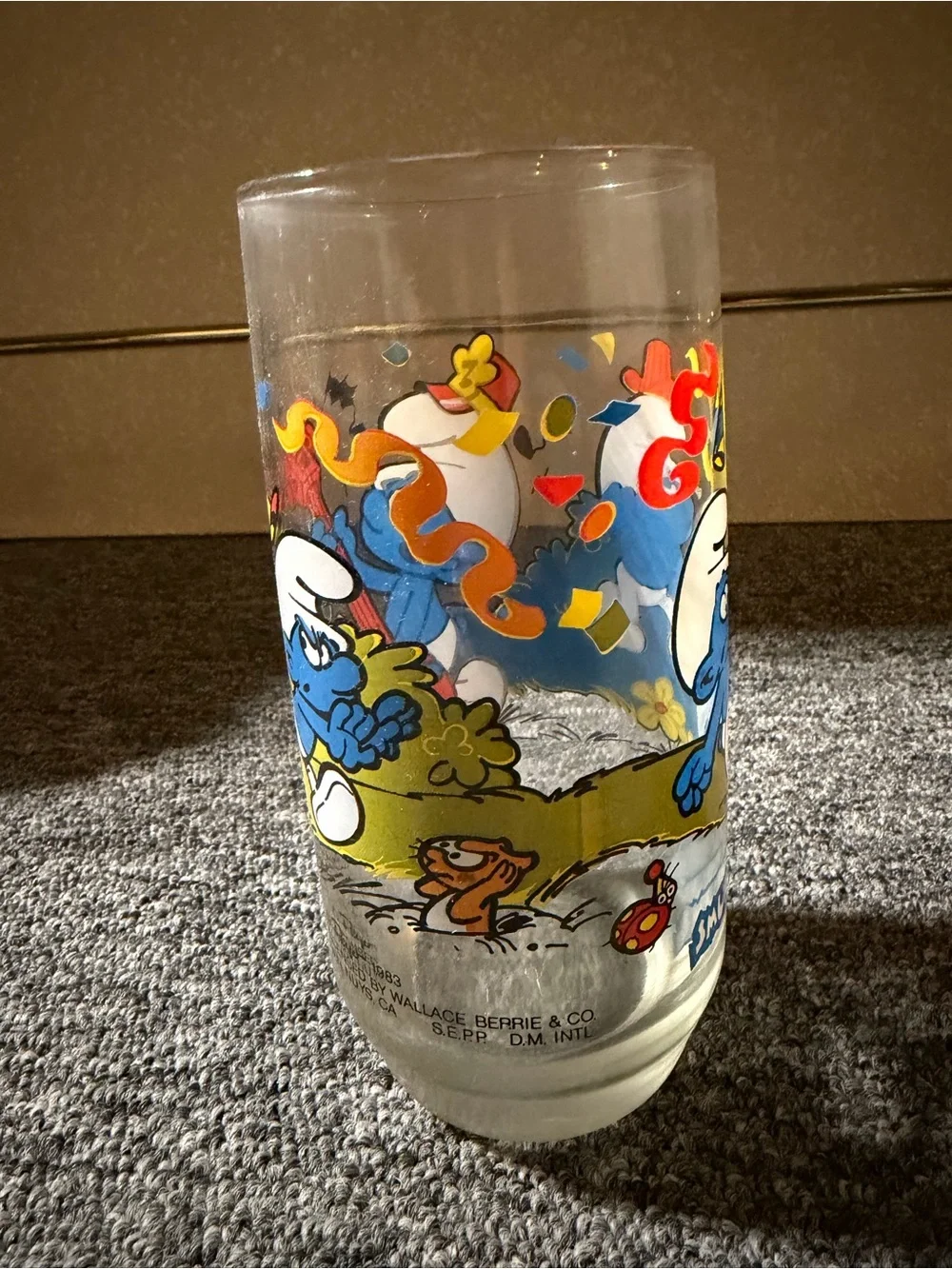 McDonald's Clear Glass Smurf Cup with Vintage 1983